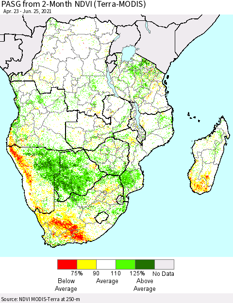 Southern Africa PASG from 2-Month NDVI (Terra-MODIS) Thematic Map For 6/18/2021 - 6/25/2021