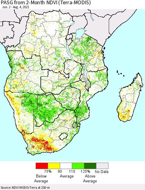Southern Africa PASG from 2-Month NDVI (Terra-MODIS) Thematic Map For 7/28/2021 - 8/4/2021