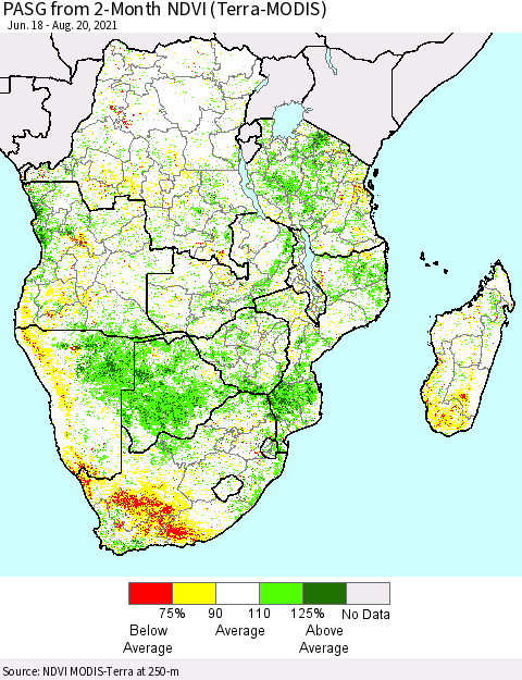 Southern Africa PASG from 2-Month NDVI (Terra-MODIS) Thematic Map For 8/13/2021 - 8/20/2021