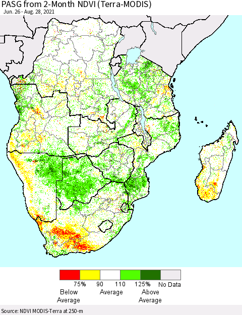 Southern Africa PASG from 2-Month NDVI (Terra-MODIS) Thematic Map For 8/21/2021 - 8/28/2021