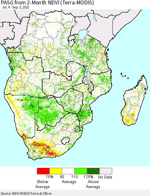 Southern Africa PASG from 2-Month NDVI (Terra-MODIS) Thematic Map For 8/29/2021 - 9/5/2021