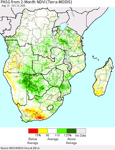 Southern Africa PASG from 2-Month NDVI (Terra-MODIS) Thematic Map For 10/16/2021 - 10/23/2021