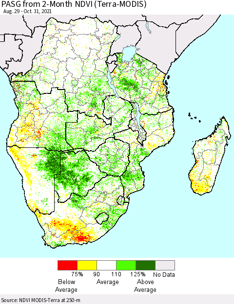 Southern Africa PASG from 2-Month NDVI (Terra-MODIS) Thematic Map For 10/24/2021 - 10/31/2021