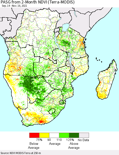 Southern Africa PASG from 2-Month NDVI (Terra-MODIS) Thematic Map For 11/9/2021 - 11/16/2021