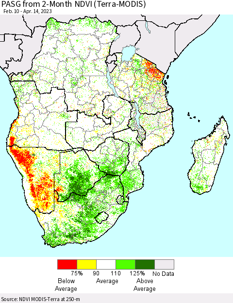 Southern Africa PASG from 2-Month NDVI (Terra-MODIS) Thematic Map For 4/7/2023 - 4/14/2023
