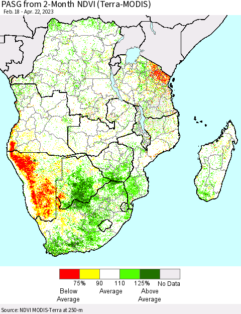 Southern Africa PASG from 2-Month NDVI (Terra-MODIS) Thematic Map For 4/15/2023 - 4/22/2023