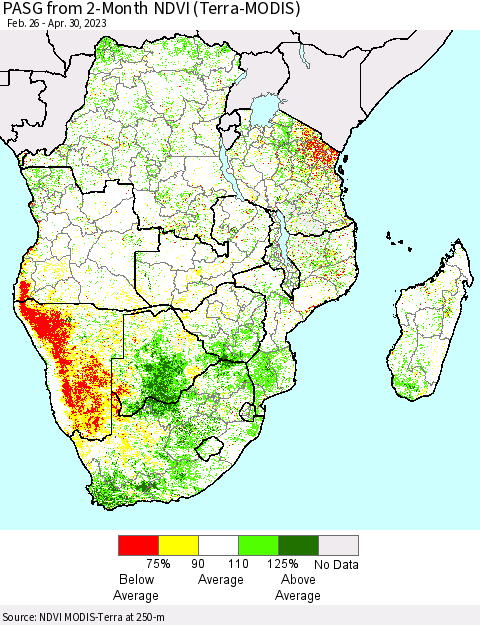 Southern Africa PASG from 2-Month NDVI (Terra-MODIS) Thematic Map For 4/23/2023 - 4/30/2023