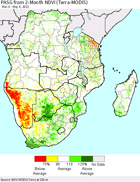 Southern Africa PASG from 2-Month NDVI (Terra-MODIS) Thematic Map For 5/1/2023 - 5/8/2023