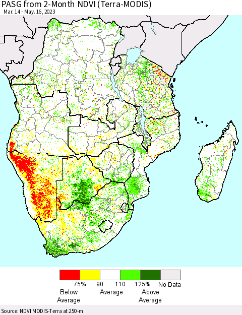 Southern Africa PASG from 2-Month NDVI (Terra-MODIS) Thematic Map For 5/9/2023 - 5/16/2023