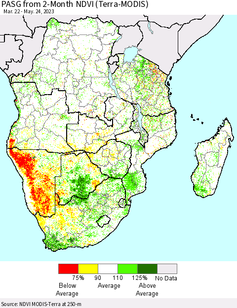 Southern Africa PASG from 2-Month NDVI (Terra-MODIS) Thematic Map For 5/17/2023 - 5/24/2023