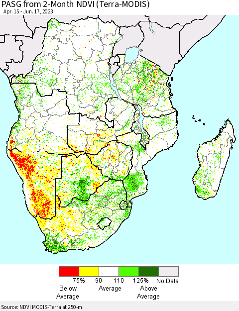Southern Africa PASG from 2-Month NDVI (Terra-MODIS) Thematic Map For 6/10/2023 - 6/17/2023