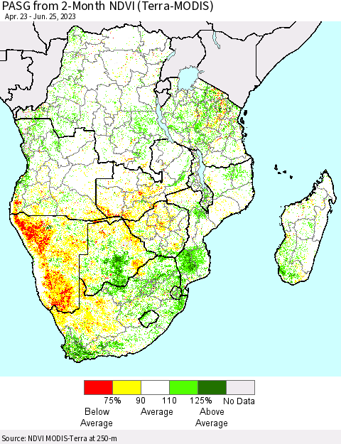 Southern Africa PASG from 2-Month NDVI (Terra-MODIS) Thematic Map For 6/18/2023 - 6/25/2023