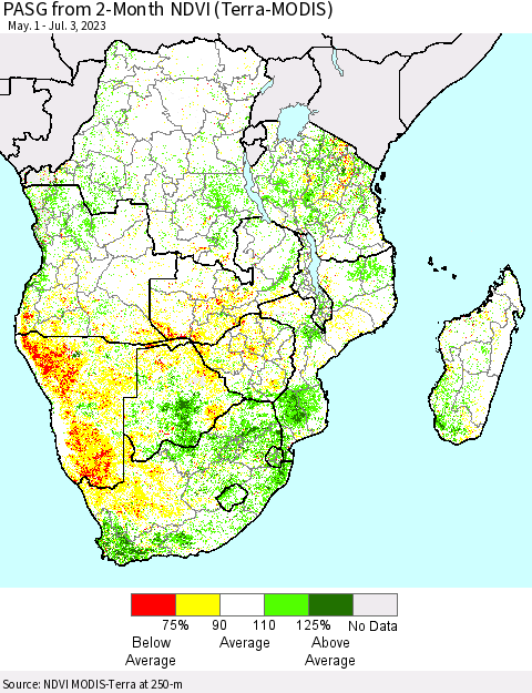 Southern Africa PASG from 2-Month NDVI (Terra-MODIS) Thematic Map For 6/26/2023 - 7/3/2023