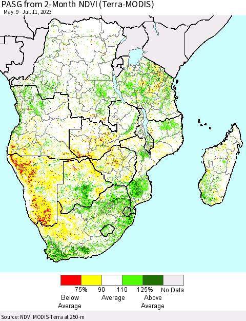 Southern Africa PASG from 2-Month NDVI (Terra-MODIS) Thematic Map For 7/4/2023 - 7/11/2023