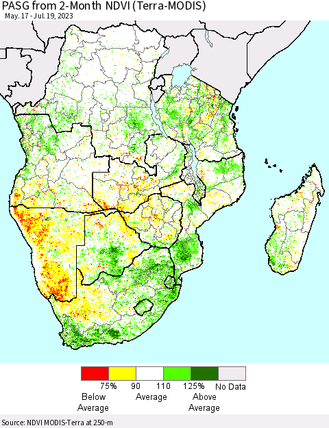 Southern Africa PASG from 2-Month NDVI (Terra-MODIS) Thematic Map For 7/12/2023 - 7/19/2023