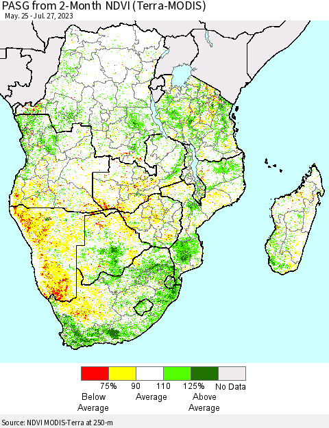 Southern Africa PASG from 2-Month NDVI (Terra-MODIS) Thematic Map For 7/20/2023 - 7/27/2023
