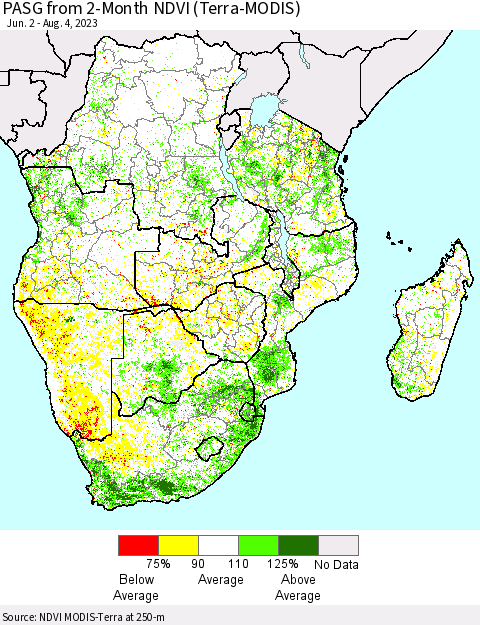 Southern Africa PASG from 2-Month NDVI (Terra-MODIS) Thematic Map For 7/28/2023 - 8/4/2023