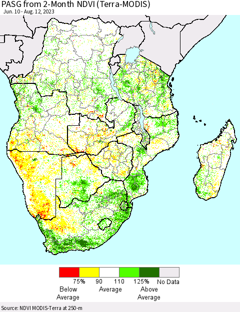 Southern Africa PASG from 2-Month NDVI (Terra-MODIS) Thematic Map For 8/5/2023 - 8/12/2023
