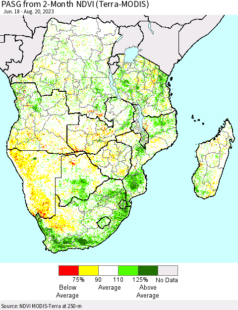 Southern Africa PASG from 2-Month NDVI (Terra-MODIS) Thematic Map For 8/13/2023 - 8/20/2023