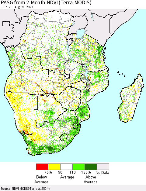 Southern Africa PASG from 2-Month NDVI (Terra-MODIS) Thematic Map For 8/21/2023 - 8/28/2023