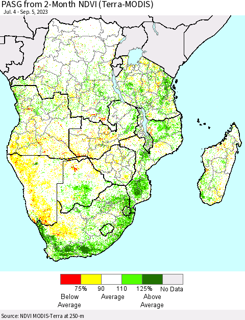 Southern Africa PASG from 2-Month NDVI (Terra-MODIS) Thematic Map For 8/29/2023 - 9/5/2023