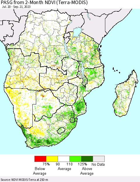 Southern Africa PASG from 2-Month NDVI (Terra-MODIS) Thematic Map For 9/14/2023 - 9/21/2023