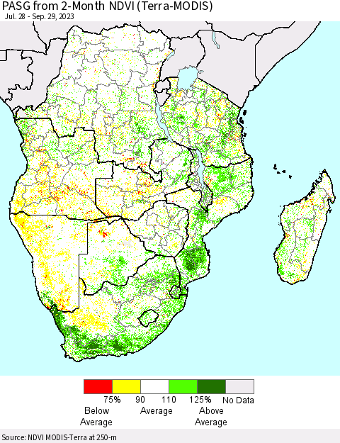 Southern Africa PASG from 2-Month NDVI (Terra-MODIS) Thematic Map For 9/22/2023 - 9/29/2023