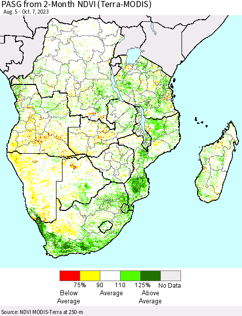 Southern Africa PASG from 2-Month NDVI (Terra-MODIS) Thematic Map For 9/30/2023 - 10/7/2023