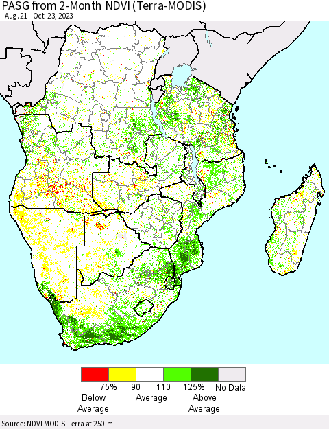 Southern Africa PASG from 2-Month NDVI (Terra-MODIS) Thematic Map For 10/16/2023 - 10/23/2023