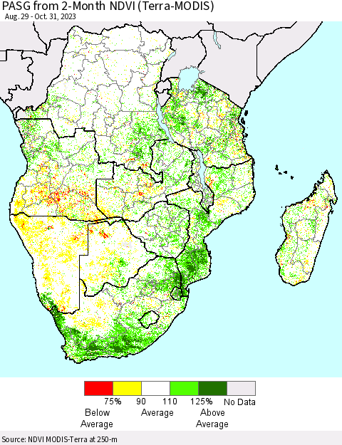 Southern Africa PASG from 2-Month NDVI (Terra-MODIS) Thematic Map For 10/24/2023 - 10/31/2023