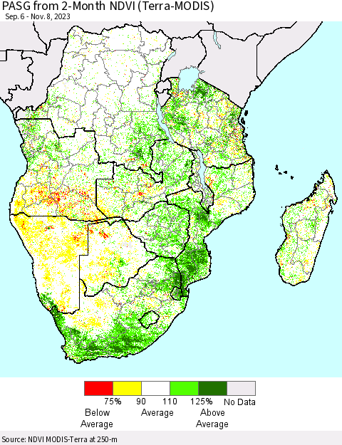 Southern Africa PASG from 2-Month NDVI (Terra-MODIS) Thematic Map For 11/1/2023 - 11/8/2023