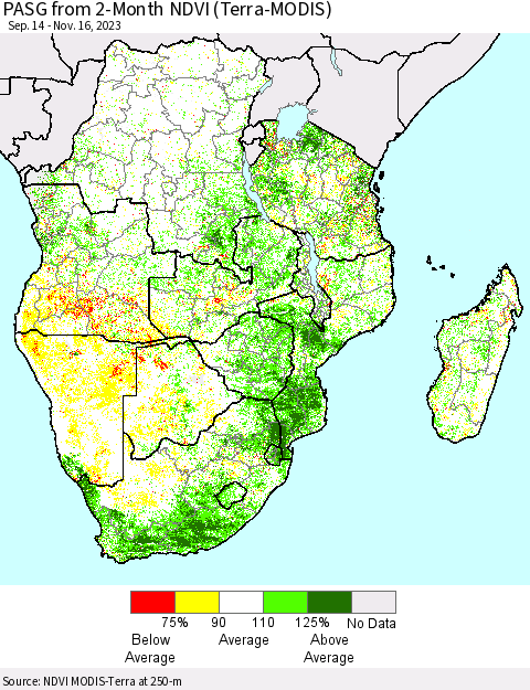 Southern Africa PASG from 2-Month NDVI (Terra-MODIS) Thematic Map For 11/9/2023 - 11/16/2023