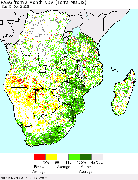 Southern Africa PASG from 2-Month NDVI (Terra-MODIS) Thematic Map For 11/25/2023 - 12/2/2023