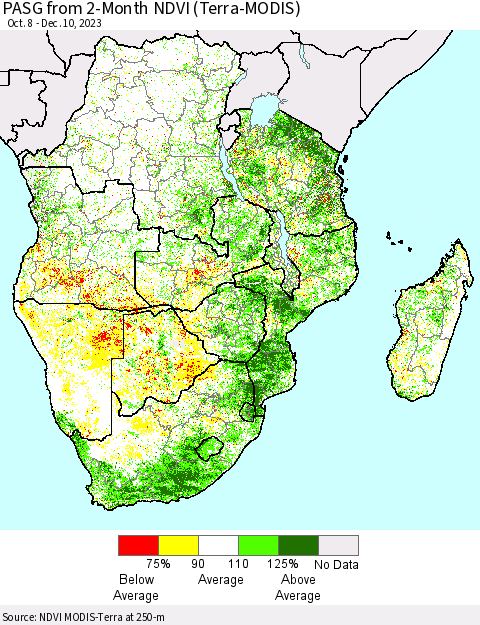 Southern Africa PASG from 2-Month NDVI (Terra-MODIS) Thematic Map For 12/3/2023 - 12/10/2023