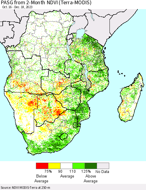 Southern Africa PASG from 2-Month NDVI (Terra-MODIS) Thematic Map For 12/11/2023 - 12/18/2023