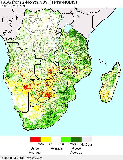 Southern Africa PASG from 2-Month NDVI (Terra-MODIS) Thematic Map For 12/27/2023 - 1/3/2024