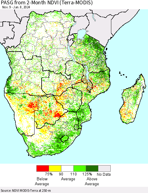 Southern Africa PASG from 2-Month NDVI (Terra-MODIS) Thematic Map For 1/1/2024 - 1/8/2024