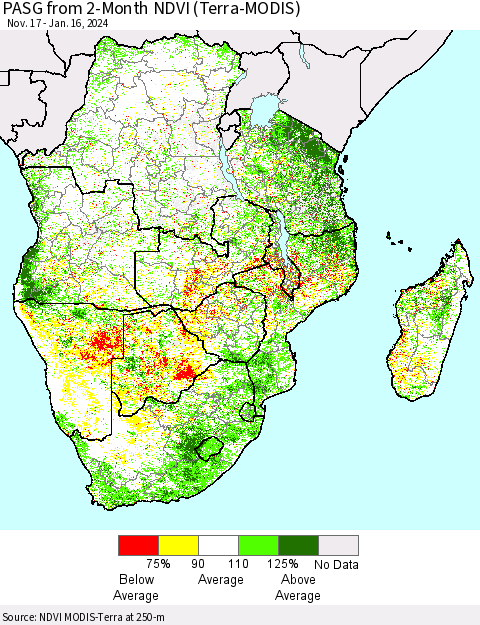 Southern Africa PASG from 2-Month NDVI (Terra-MODIS) Thematic Map For 1/9/2024 - 1/16/2024