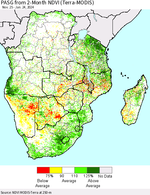 Southern Africa PASG from 2-Month NDVI (Terra-MODIS) Thematic Map For 1/17/2024 - 1/24/2024