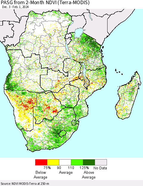 Southern Africa PASG from 2-Month NDVI (Terra-MODIS) Thematic Map For 1/25/2024 - 2/1/2024