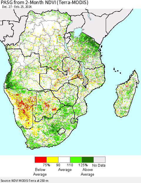 Southern Africa PASG from 2-Month NDVI (Terra-MODIS) Thematic Map For 2/18/2024 - 2/25/2024