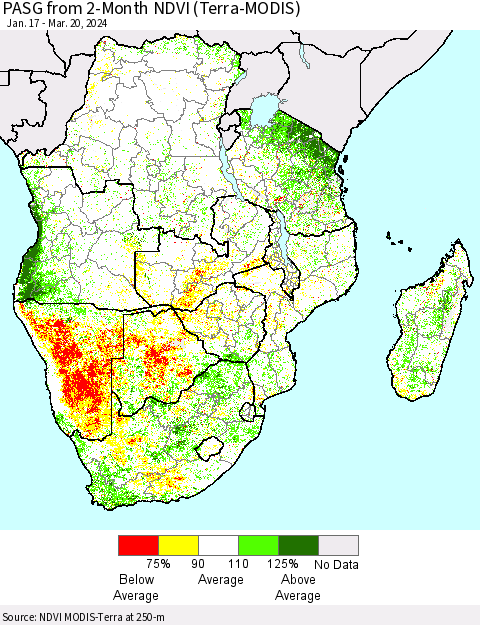 Southern Africa PASG from 2-Month NDVI (Terra-MODIS) Thematic Map For 3/13/2024 - 3/20/2024