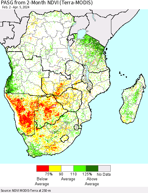Southern Africa PASG from 2-Month NDVI (Terra-MODIS) Thematic Map For 3/29/2024 - 4/5/2024