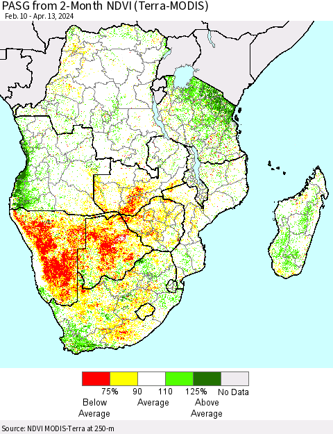 Southern Africa PASG from 2-Month NDVI (Terra-MODIS) Thematic Map For 4/6/2024 - 4/13/2024