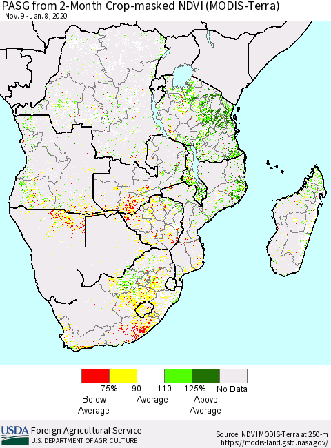 Southern Africa PASG from 2-Month Cropland NDVI (Terra-MODIS) Thematic Map For 1/1/2020 - 1/10/2020