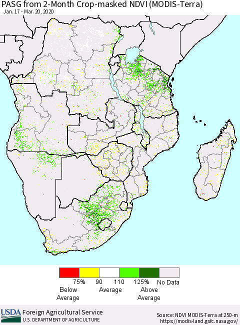 Southern Africa PASG from 2-Month Cropland NDVI (Terra-MODIS) Thematic Map For 3/11/2020 - 3/20/2020