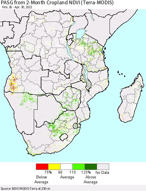 Southern Africa PASG from 2-Month Cropland NDVI (Terra-MODIS) Thematic Map For 4/23/2021 - 4/30/2021
