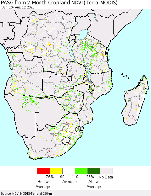Southern Africa PASG from 2-Month Cropland NDVI (Terra-MODIS) Thematic Map For 8/5/2021 - 8/12/2021
