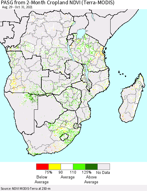 Southern Africa PASG from 2-Month Cropland NDVI (Terra-MODIS) Thematic Map For 10/24/2021 - 10/31/2021