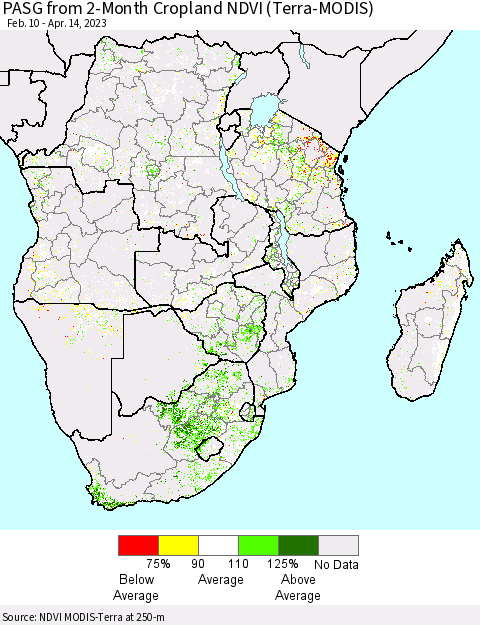 Southern Africa PASG from 2-Month Cropland NDVI (Terra-MODIS) Thematic Map For 4/7/2023 - 4/14/2023
